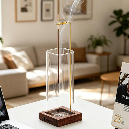 Ceremony Incense Holder, Wooden Incense Burner with Glass Ash Catcher (Wooden Square)