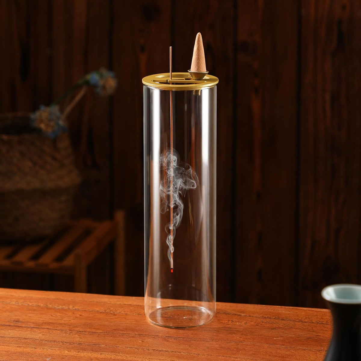 Ceremony Incense Holder, Wooden Incense Burner with Glass Ash Catcher (Wooden Square)