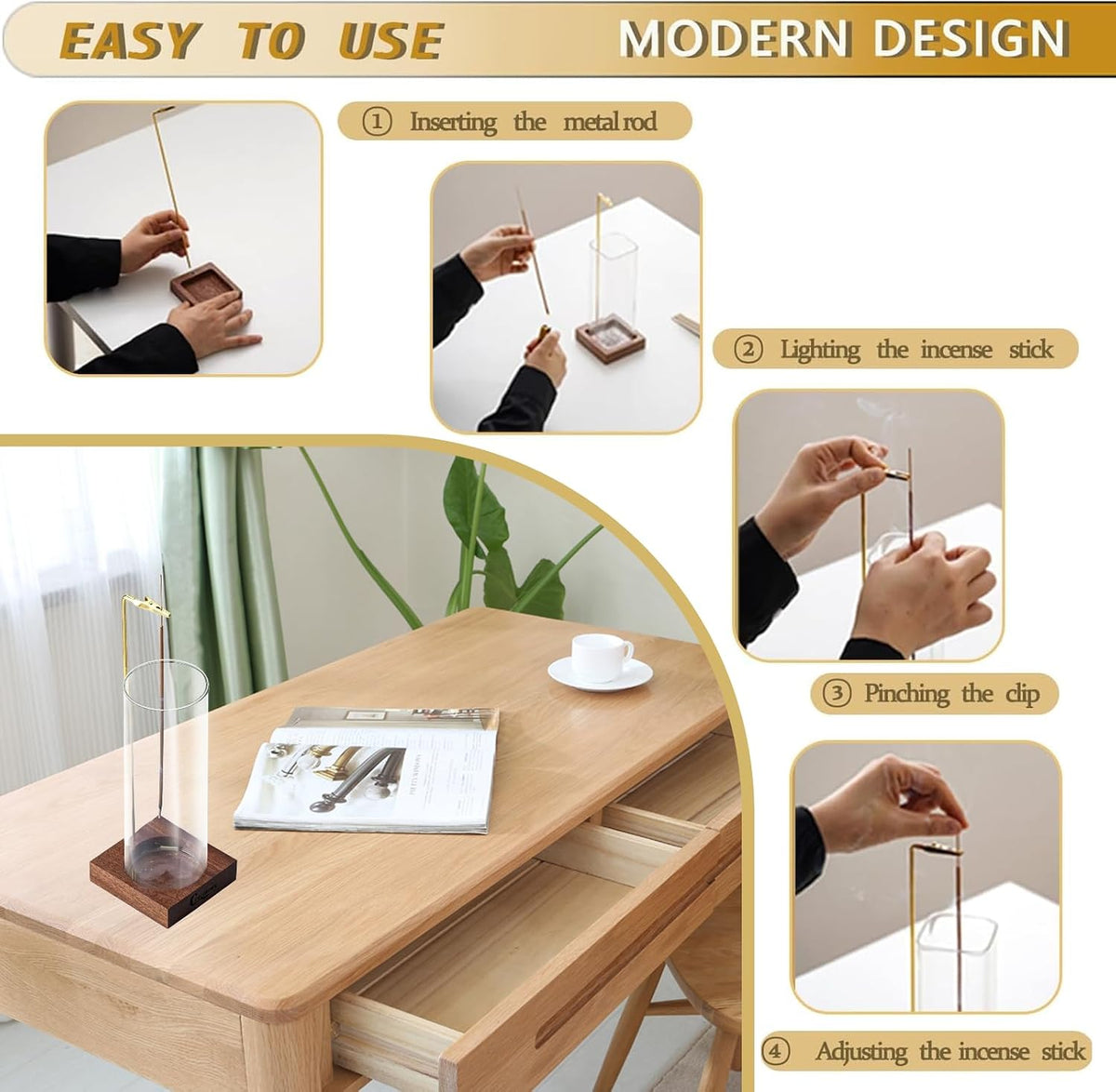 Ceremony Incense Holder, Wooden Incense Burner with Glass Ash Catcher (Wooden Square)