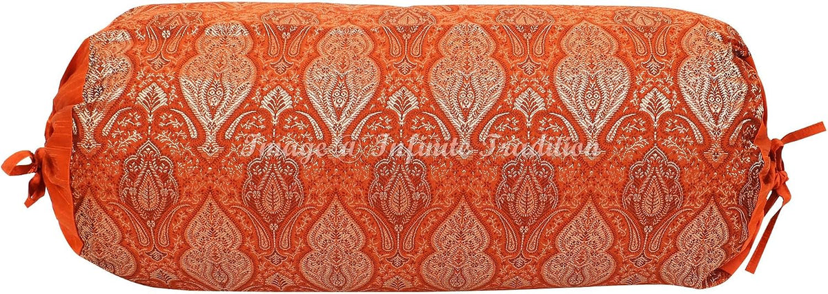 Indian Silk Bolster Tube Pillow Cover Cylindrical Orange Yoga Large Couch Round Cushion Cover Boho Home Decor Living Room Damask & Floral Throw Cushion Cover 30x15 inch (76x38cm) 1 Pc.