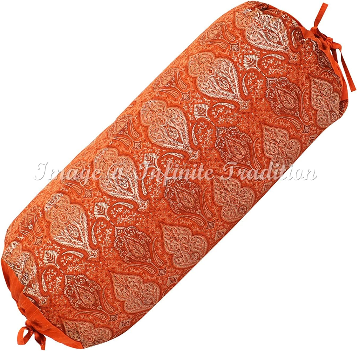 Indian Silk Bolster Tube Pillow Cover Cylindrical Orange Yoga Large Couch Round Cushion Cover Boho Home Decor Living Room Damask & Floral Throw Cushion Cover 30x15 inch (76x38cm) 1 Pc.