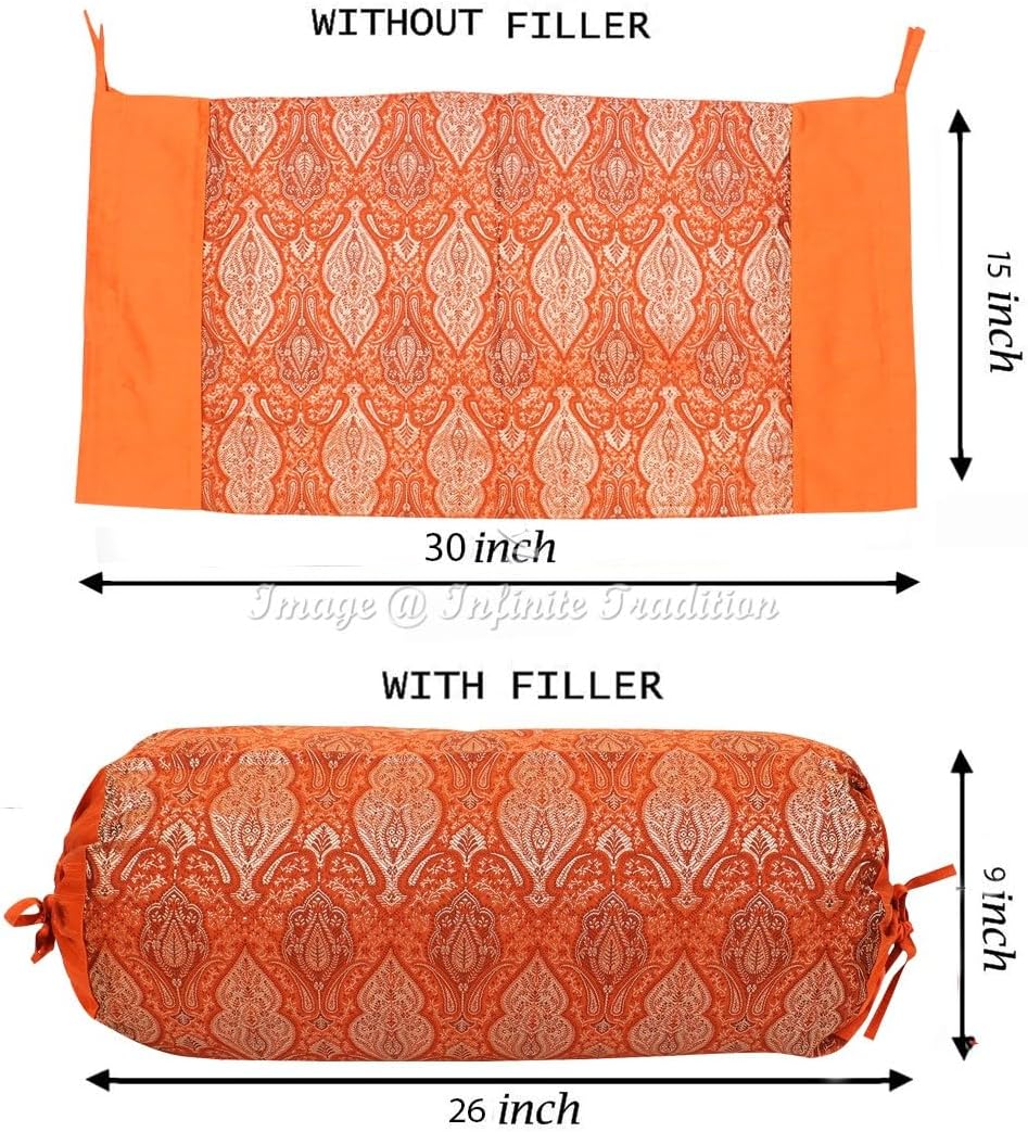 Indian Silk Bolster Tube Pillow Cover Cylindrical Orange Yoga Large Couch Round Cushion Cover Boho Home Decor Living Room Damask & Floral Throw Cushion Cover 30x15 inch (76x38cm) 1 Pc.