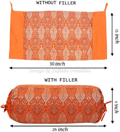 Indian Silk Bolster Tube Pillow Cover Cylindrical Orange Yoga Large Couch Round Cushion Cover Boho Home Decor Living Room Damask & Floral Throw Cushion Cover 30x15 inch (76x38cm) 1 Pc.