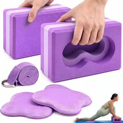 Yoga Blocks 2 Pack for Wrist Relief,Yoga Block with Knee Pads Strap