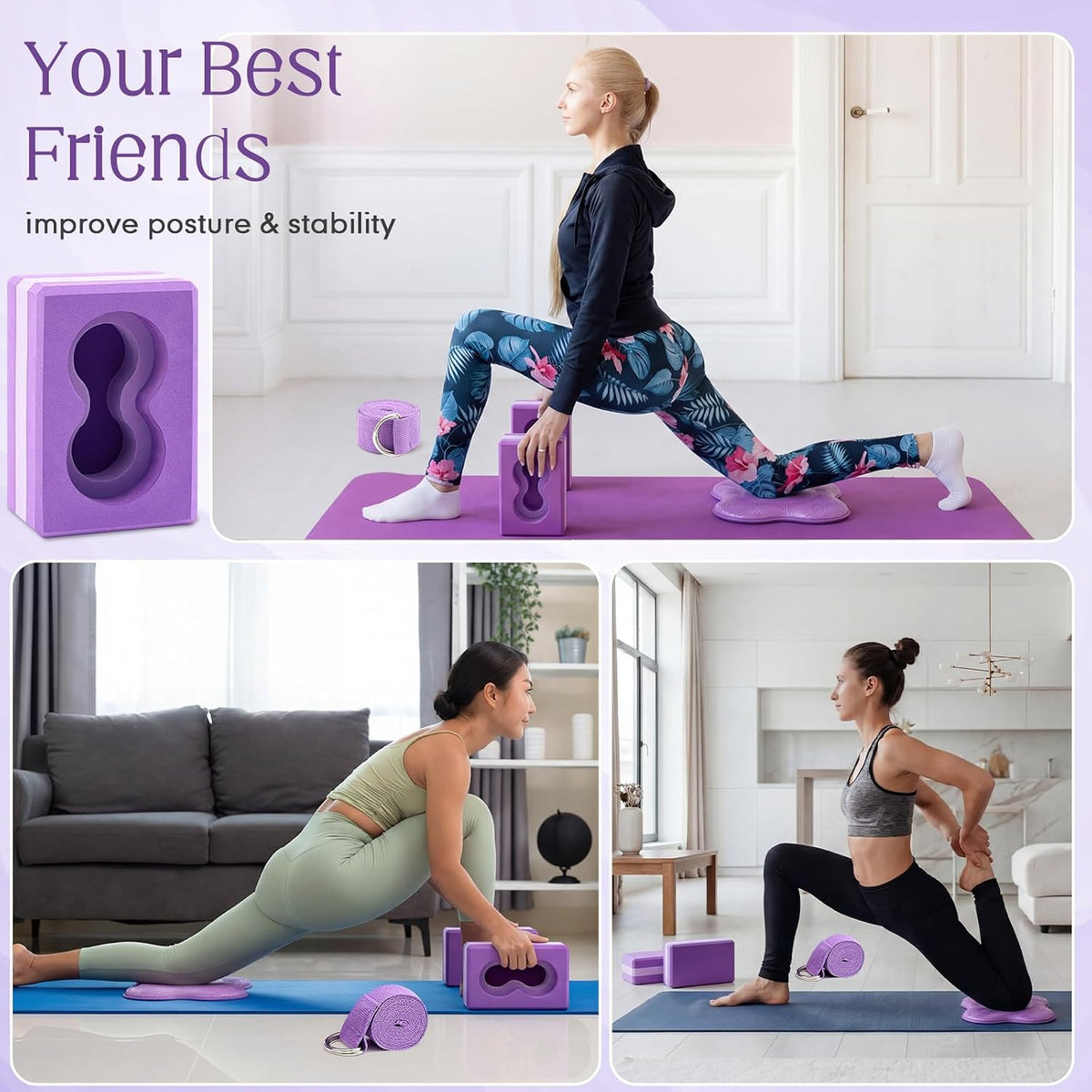 Yoga Blocks 2 Pack for Wrist Relief,Yoga Block with Knee Pads Strap