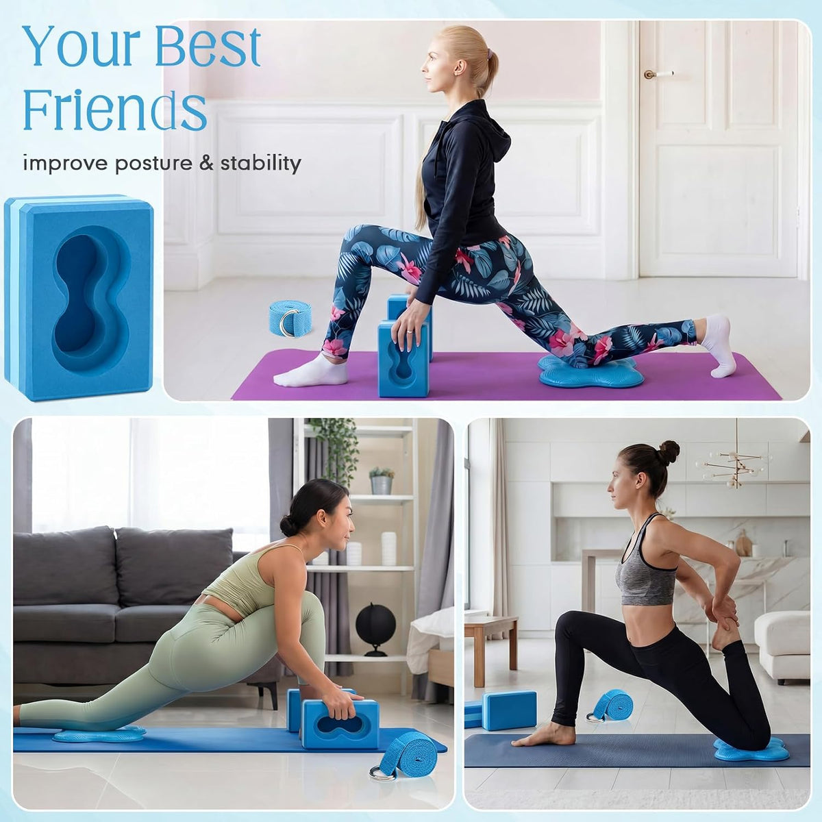 Yoga Blocks 2 Pack for Wrist Relief,Yoga Block with Knee Pads Strap