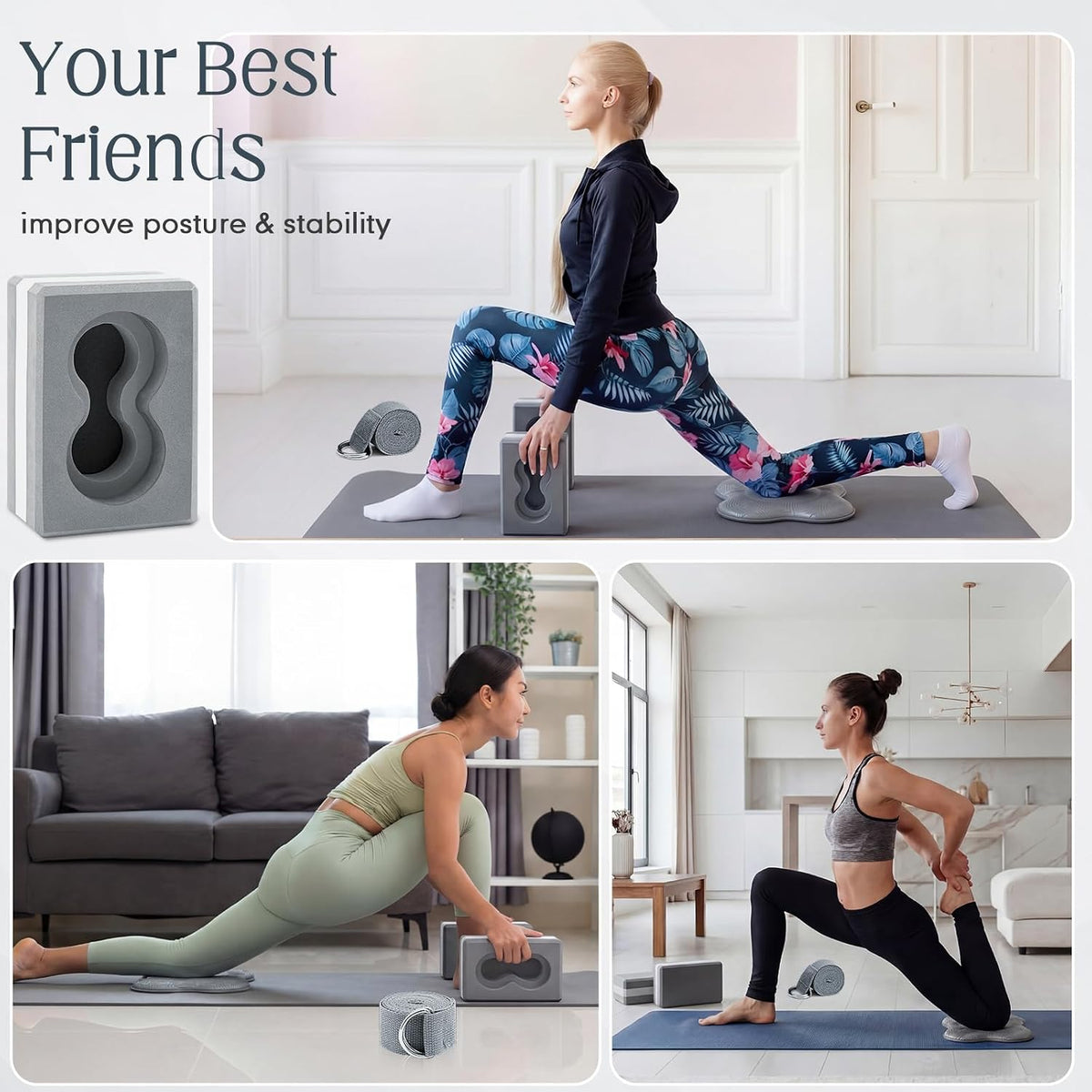 Yoga Blocks 2 Pack for Wrist Relief,Yoga Block with Knee Pads Strap