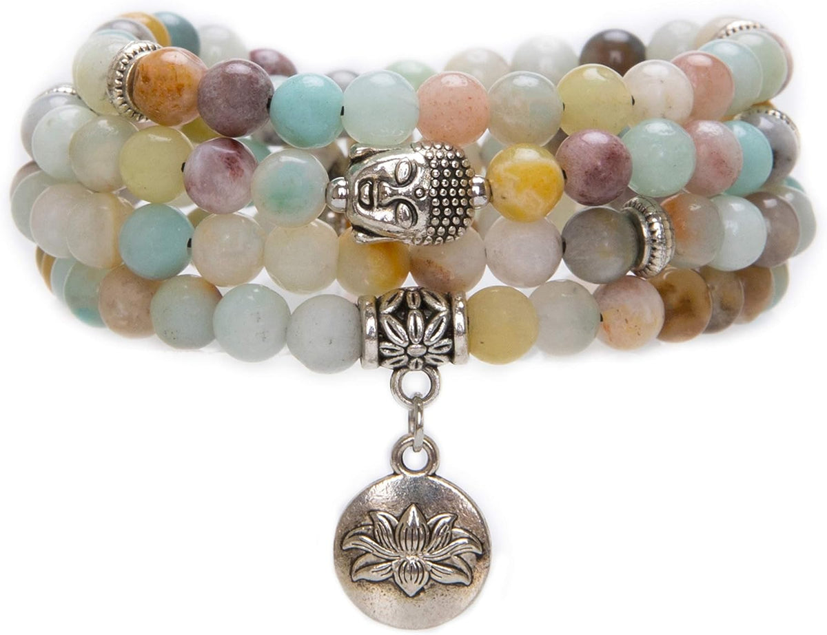 108 Mala Beads Necklace Long Beaded Wrap Bracelets Genuine Gemstone Mala Prayer Beads Lotus Buddha Charm Yoga Meditation Necklace