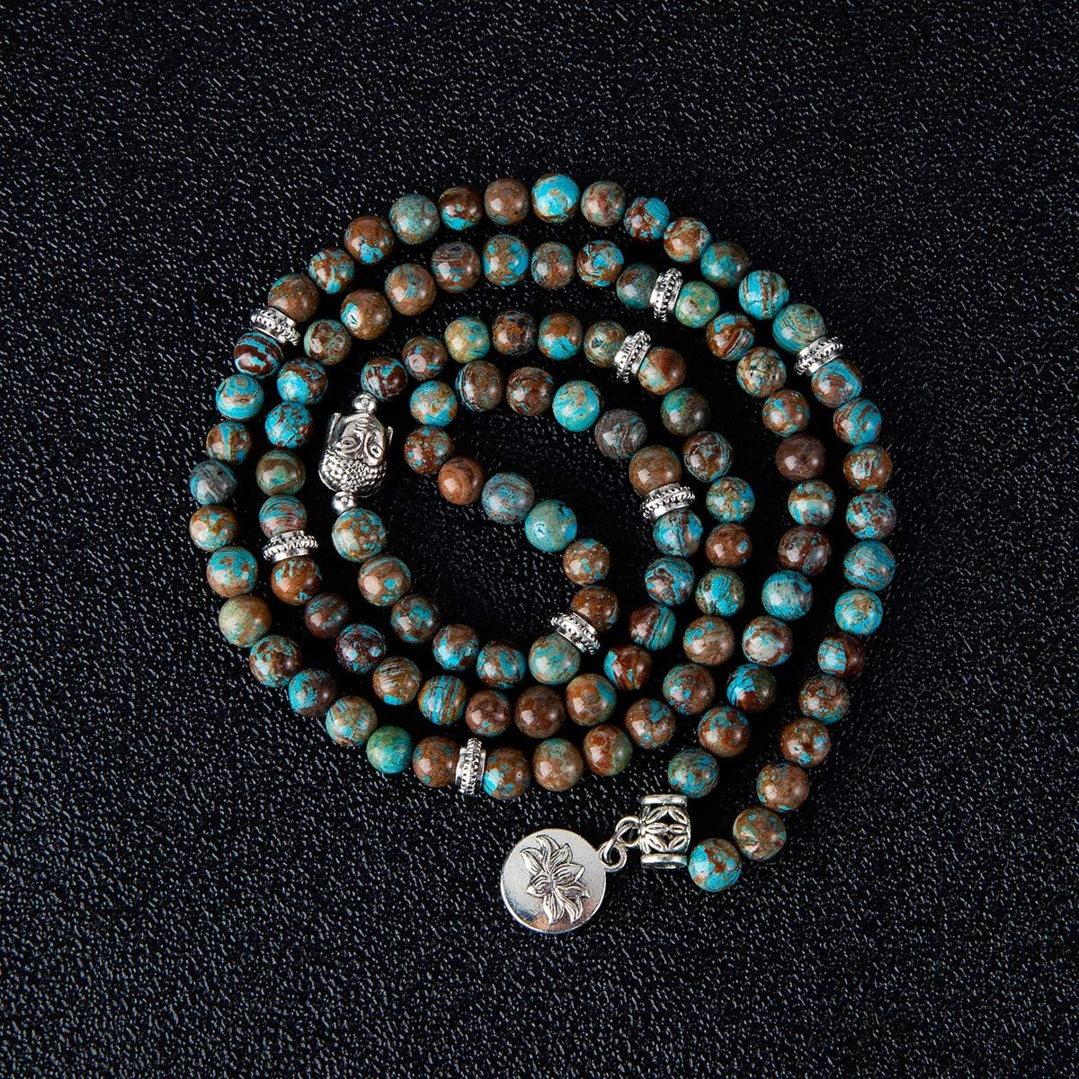 108 Mala Beads Necklace Long Beaded Wrap Bracelets Genuine Gemstone Mala Prayer Beads Lotus Buddha Charm Yoga Meditation Necklace