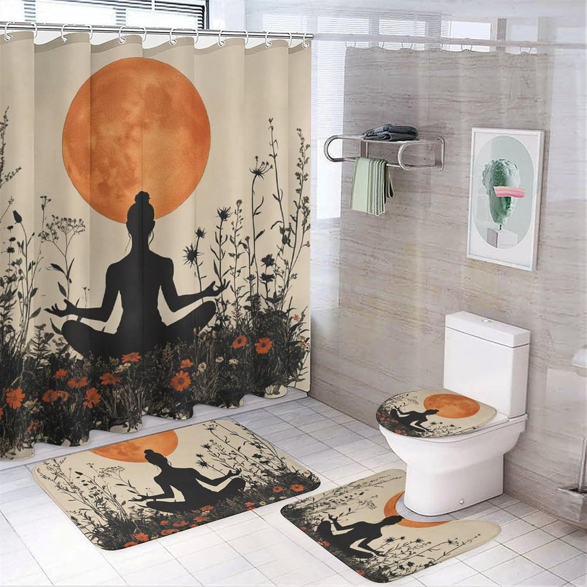 4Pcs Bohemian Yoga Fantasy Shower Curtain Sets, Bath Mat and Rugs, Floral Moon Rustic Art Deco Shower Curtain with Hooks for Bathroom