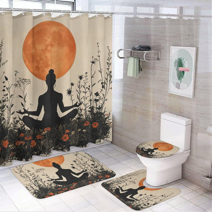 4Pcs Bohemian Yoga Fantasy Shower Curtain Sets, Bath Mat and Rugs, Floral Moon Rustic Art Deco Shower Curtain with Hooks for Bathroom