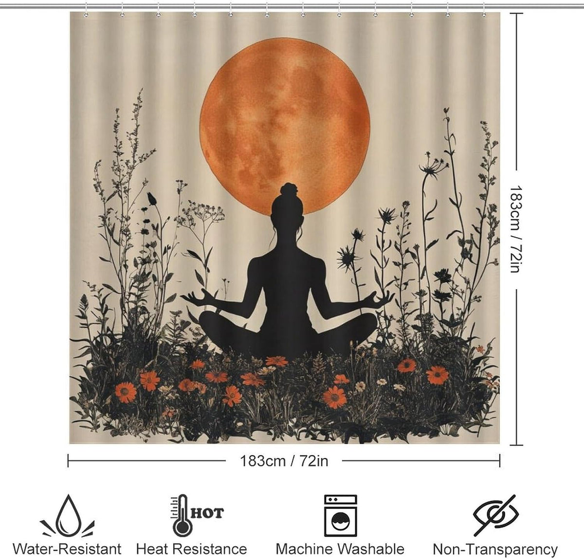 4Pcs Bohemian Yoga Fantasy Shower Curtain Sets, Bath Mat and Rugs, Floral Moon Rustic Art Deco Shower Curtain with Hooks for Bathroom