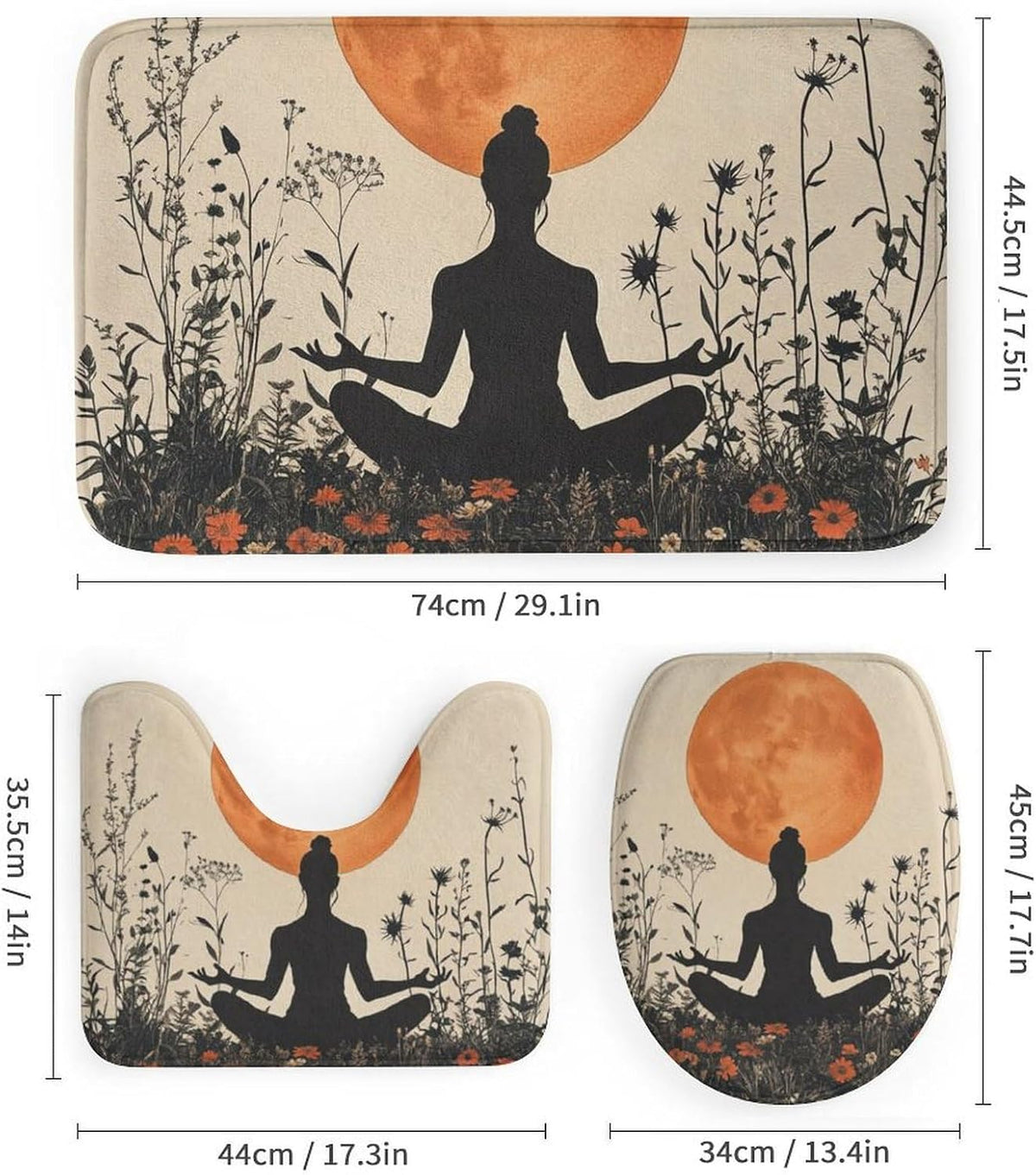 4Pcs Bohemian Yoga Fantasy Shower Curtain Sets, Bath Mat and Rugs, Floral Moon Rustic Art Deco Shower Curtain with Hooks for Bathroom