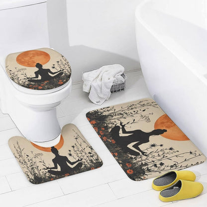 4Pcs Bohemian Yoga Fantasy Shower Curtain Sets, Bath Mat and Rugs, Floral Moon Rustic Art Deco Shower Curtain with Hooks for Bathroom