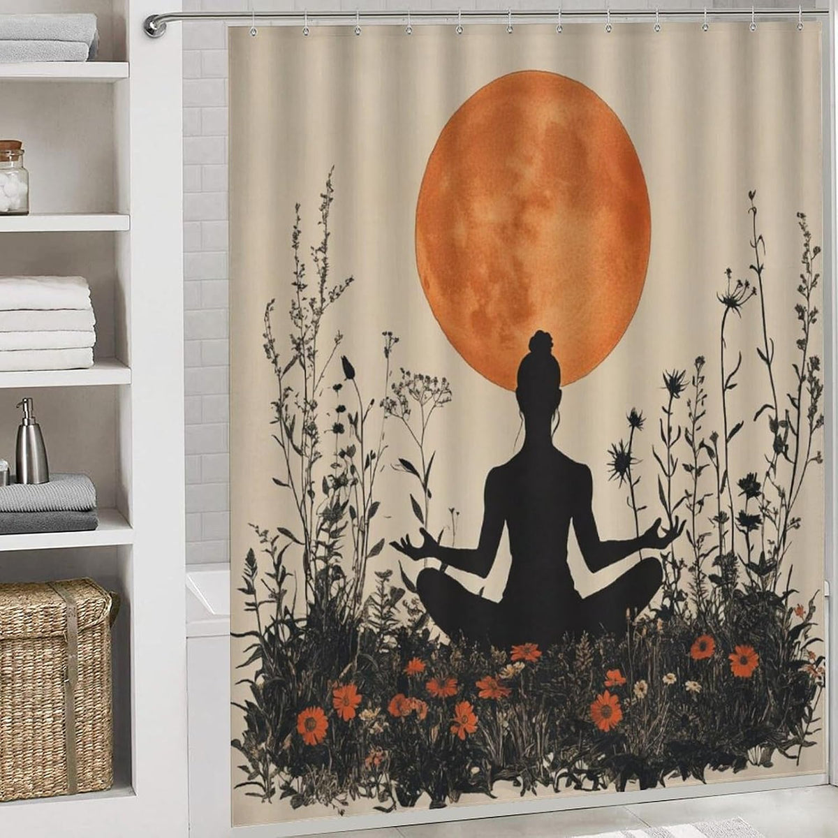4Pcs Bohemian Yoga Fantasy Shower Curtain Sets, Bath Mat and Rugs, Floral Moon Rustic Art Deco Shower Curtain with Hooks for Bathroom