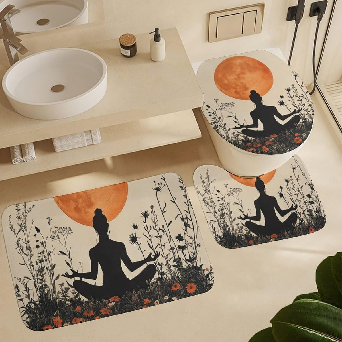 4Pcs Bohemian Yoga Fantasy Shower Curtain Sets, Bath Mat and Rugs, Floral Moon Rustic Art Deco Shower Curtain with Hooks for Bathroom