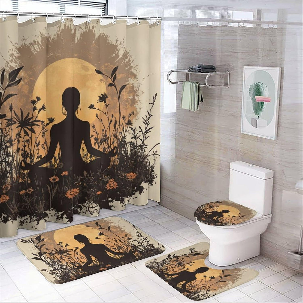 4Pcs Bohemian Yoga Fantasy Shower Curtain Sets, Bath Mat and Rugs, Floral Moon Rustic Art Deco Shower Curtain with Hooks for Bathroom