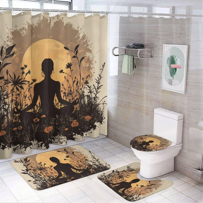 4Pcs Bohemian Yoga Fantasy Shower Curtain Sets, Bath Mat and Rugs, Floral Moon Rustic Art Deco Shower Curtain with Hooks for Bathroom