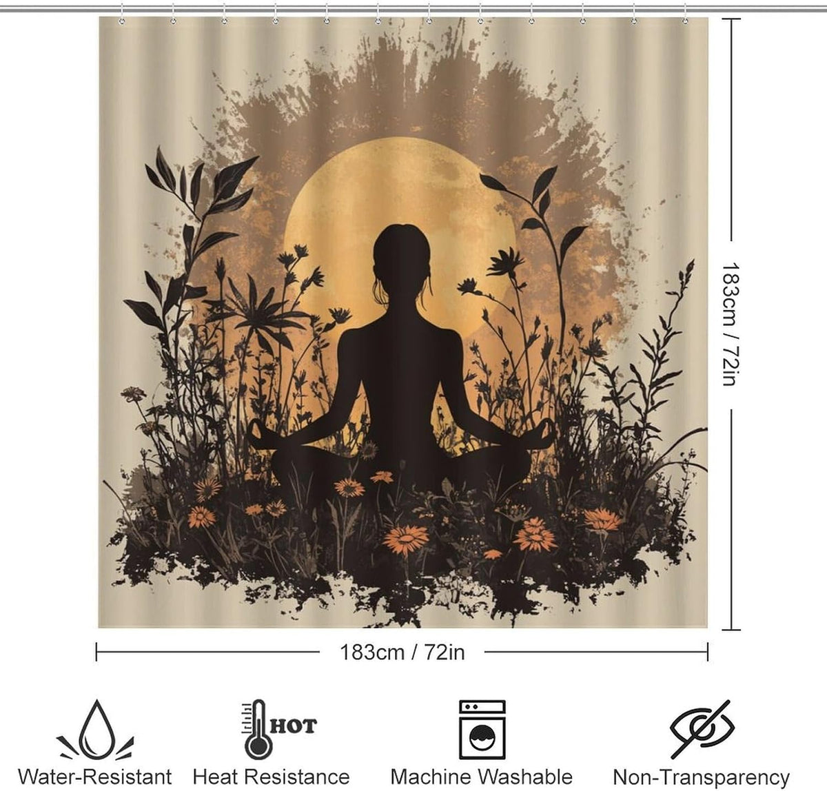 4Pcs Bohemian Yoga Fantasy Shower Curtain Sets, Bath Mat and Rugs, Floral Moon Rustic Art Deco Shower Curtain with Hooks for Bathroom