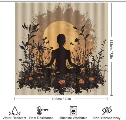 4Pcs Bohemian Yoga Fantasy Shower Curtain Sets, Bath Mat and Rugs, Floral Moon Rustic Art Deco Shower Curtain with Hooks for Bathroom
