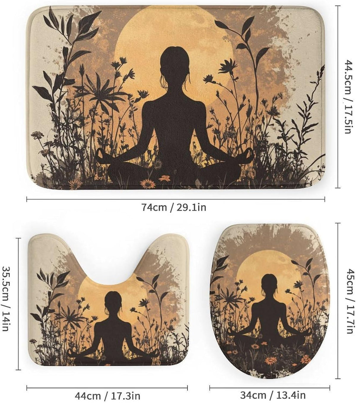 4Pcs Bohemian Yoga Fantasy Shower Curtain Sets, Bath Mat and Rugs, Floral Moon Rustic Art Deco Shower Curtain with Hooks for Bathroom