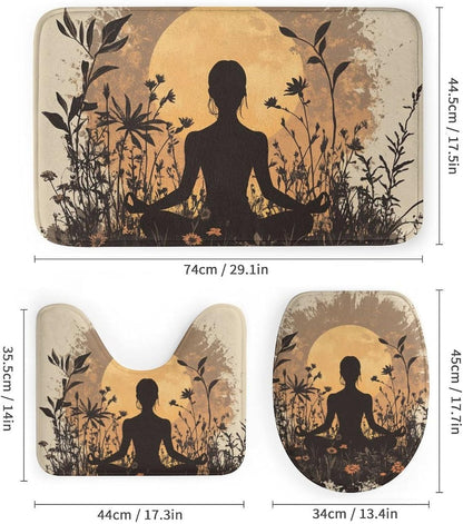 4Pcs Bohemian Yoga Fantasy Shower Curtain Sets, Bath Mat and Rugs, Floral Moon Rustic Art Deco Shower Curtain with Hooks for Bathroom