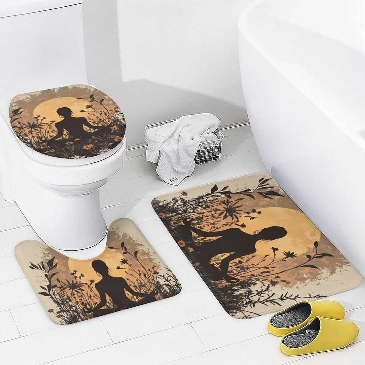 4Pcs Bohemian Yoga Fantasy Shower Curtain Sets, Bath Mat and Rugs, Floral Moon Rustic Art Deco Shower Curtain with Hooks for Bathroom