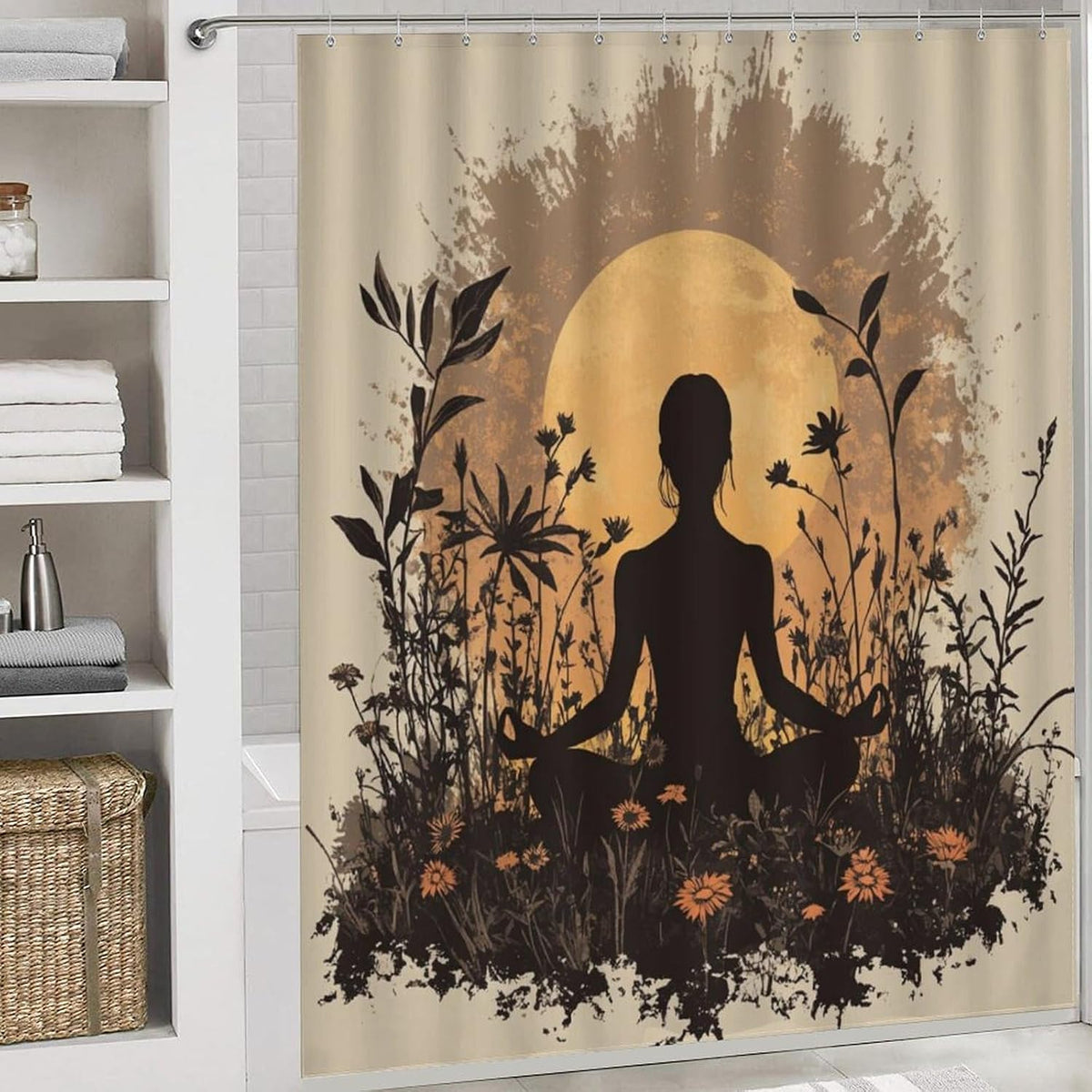 4Pcs Bohemian Yoga Fantasy Shower Curtain Sets, Bath Mat and Rugs, Floral Moon Rustic Art Deco Shower Curtain with Hooks for Bathroom