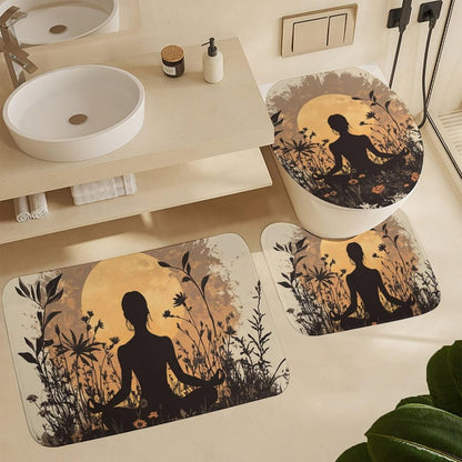 4Pcs Bohemian Yoga Fantasy Shower Curtain Sets, Bath Mat and Rugs, Floral Moon Rustic Art Deco Shower Curtain with Hooks for Bathroom