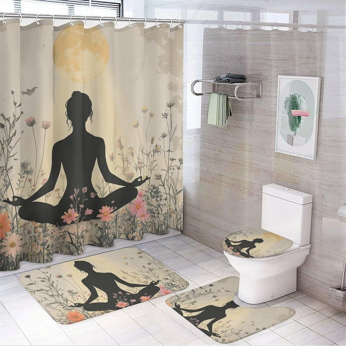 4Pcs Bohemian Yoga Fantasy Shower Curtain Sets, Bath Mat and Rugs, Floral Moon Rustic Art Deco Shower Curtain with Hooks for Bathroom