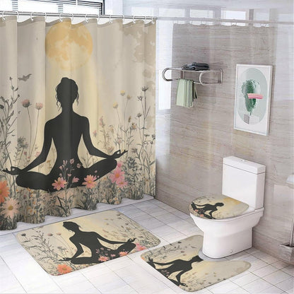 4Pcs Bohemian Yoga Fantasy Shower Curtain Sets, Bath Mat and Rugs, Floral Moon Rustic Art Deco Shower Curtain with Hooks for Bathroom