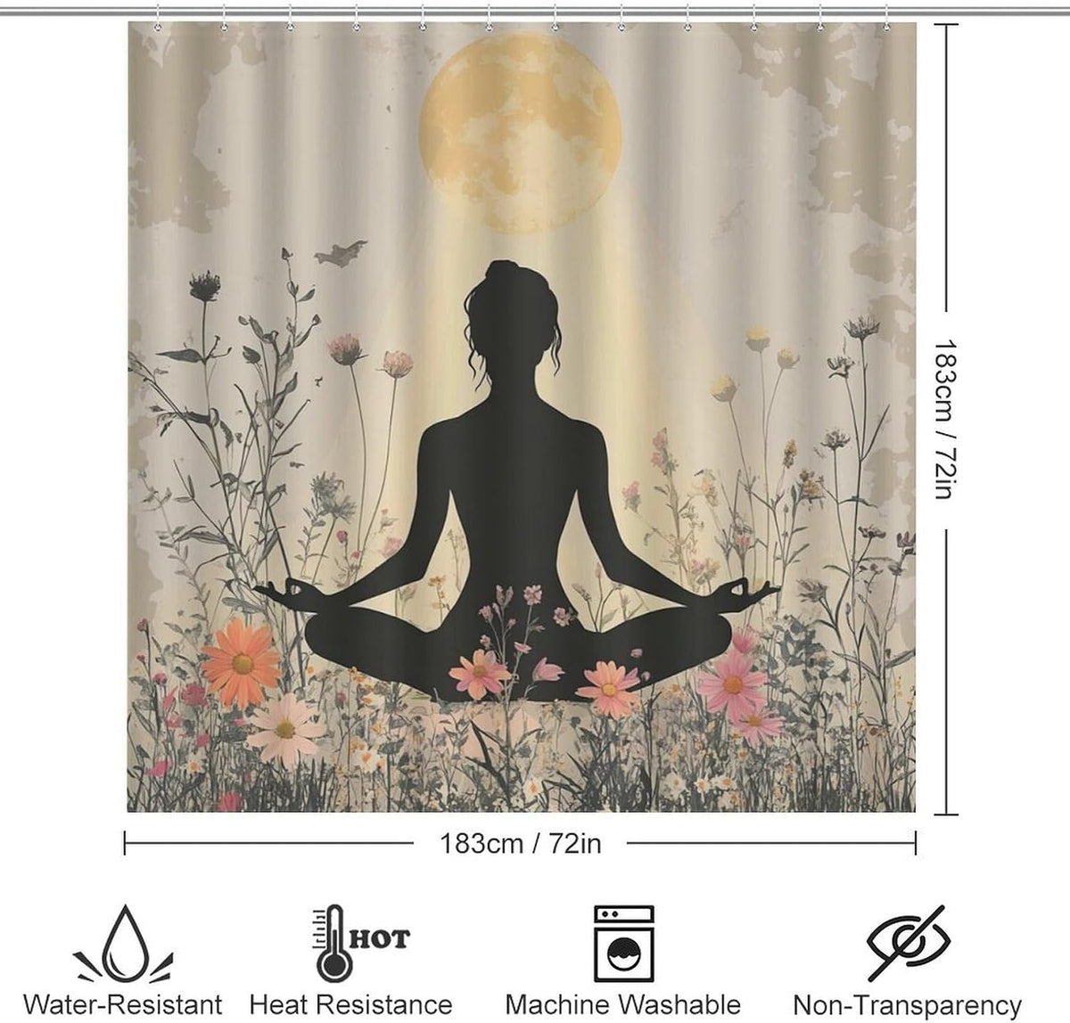4Pcs Bohemian Yoga Fantasy Shower Curtain Sets, Bath Mat and Rugs, Floral Moon Rustic Art Deco Shower Curtain with Hooks for Bathroom