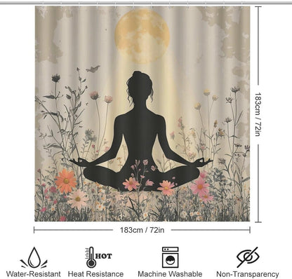 4Pcs Bohemian Yoga Fantasy Shower Curtain Sets, Bath Mat and Rugs, Floral Moon Rustic Art Deco Shower Curtain with Hooks for Bathroom