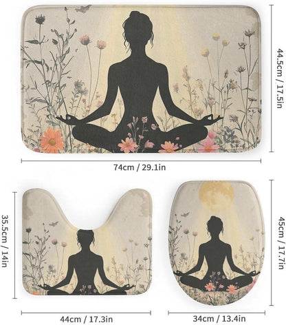 4Pcs Bohemian Yoga Fantasy Shower Curtain Sets, Bath Mat and Rugs, Floral Moon Rustic Art Deco Shower Curtain with Hooks for Bathroom