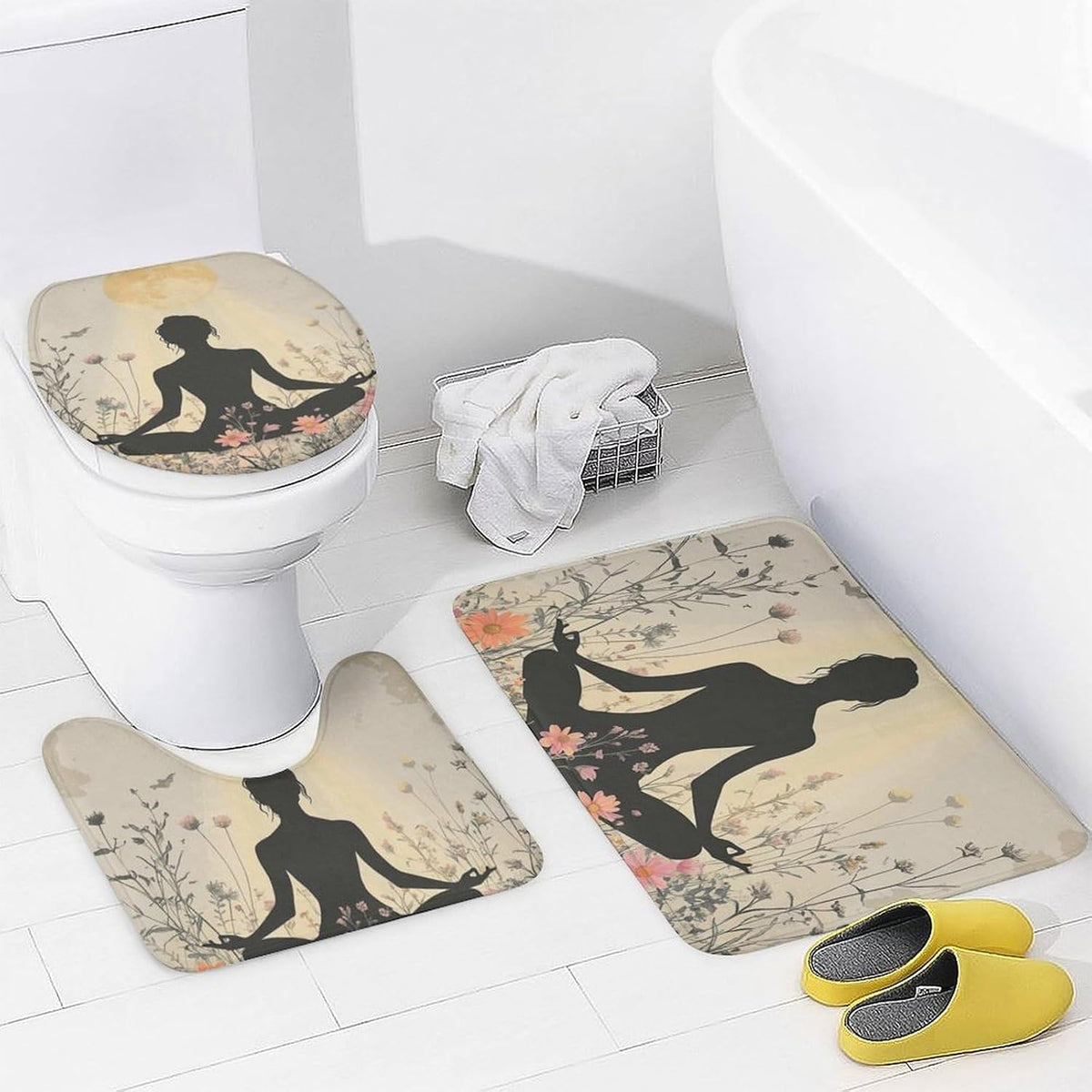 4Pcs Bohemian Yoga Fantasy Shower Curtain Sets, Bath Mat and Rugs, Floral Moon Rustic Art Deco Shower Curtain with Hooks for Bathroom