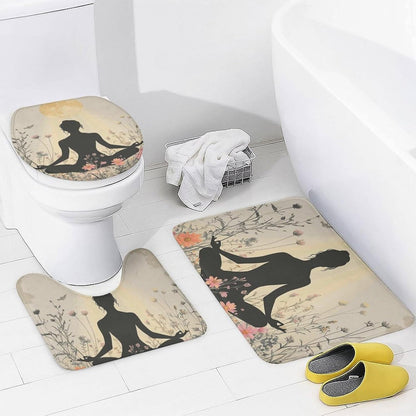 4Pcs Bohemian Yoga Fantasy Shower Curtain Sets, Bath Mat and Rugs, Floral Moon Rustic Art Deco Shower Curtain with Hooks for Bathroom