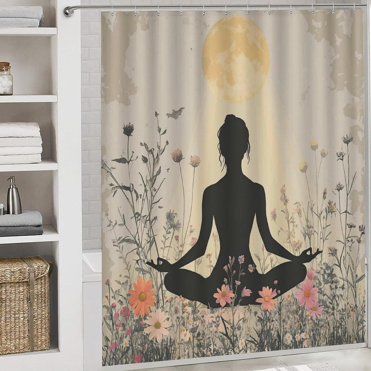 4Pcs Bohemian Yoga Fantasy Shower Curtain Sets, Bath Mat and Rugs, Floral Moon Rustic Art Deco Shower Curtain with Hooks for Bathroom