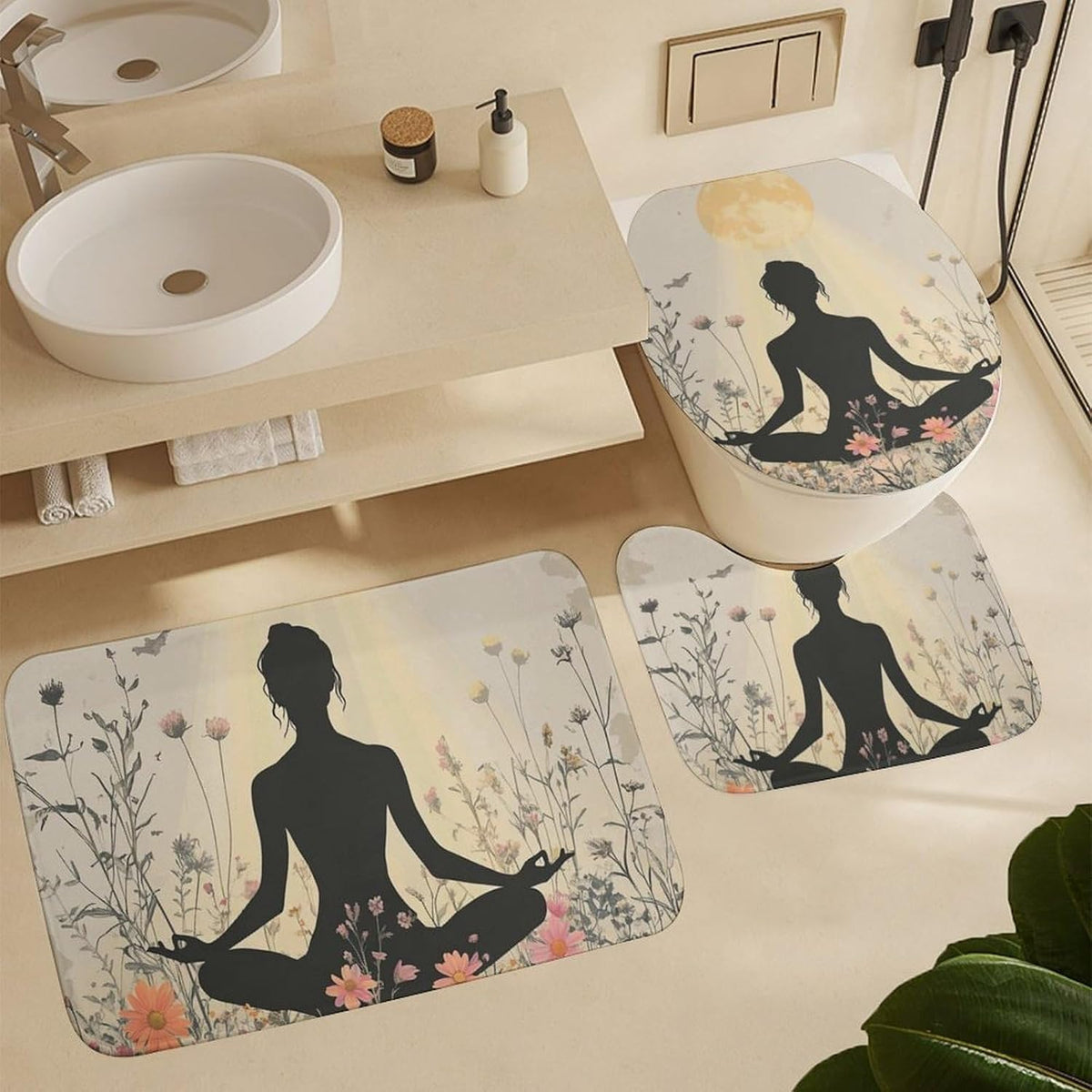 4Pcs Bohemian Yoga Fantasy Shower Curtain Sets, Bath Mat and Rugs, Floral Moon Rustic Art Deco Shower Curtain with Hooks for Bathroom