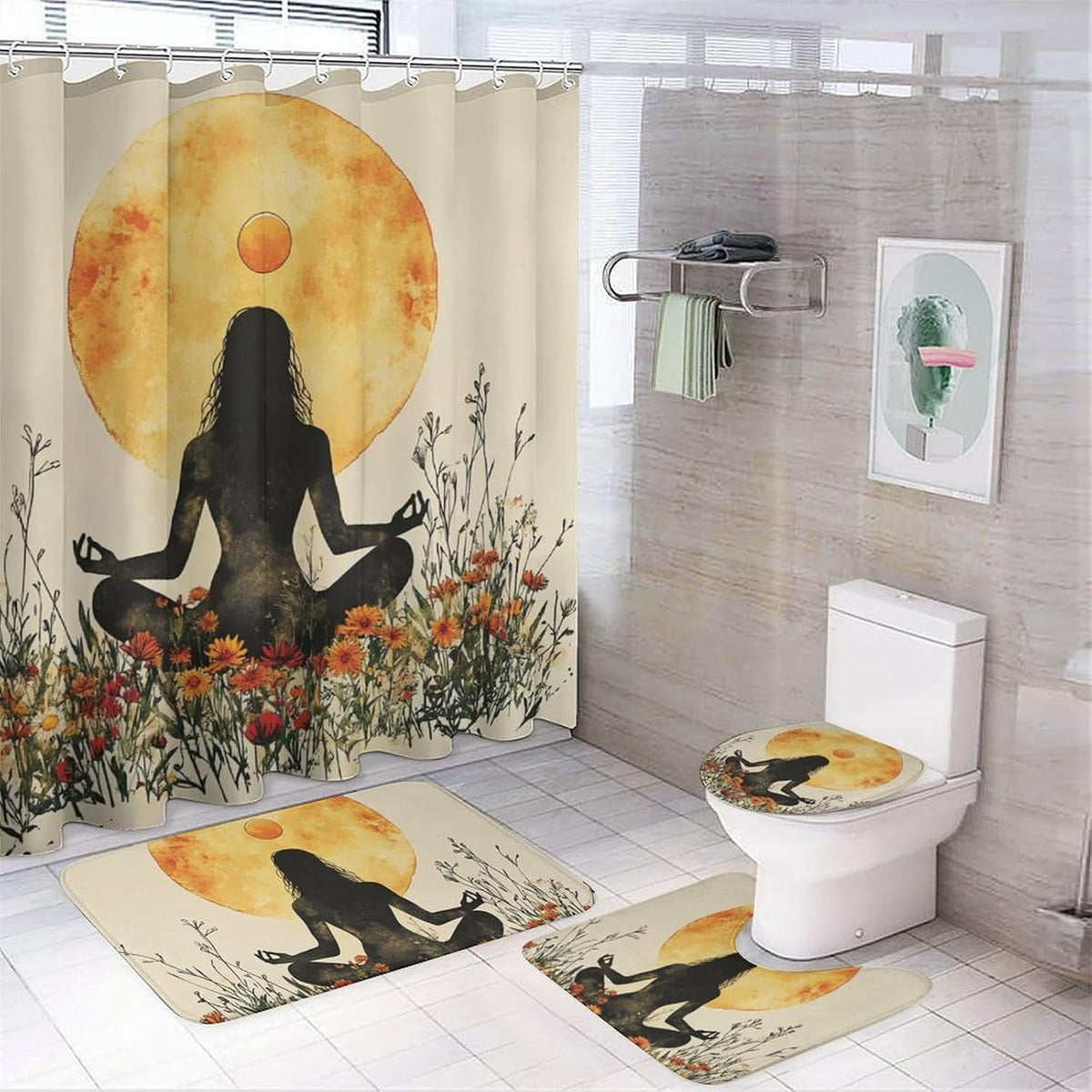 4Pcs Bohemian Yoga Fantasy Shower Curtain Sets, Bath Mat and Rugs, Floral Moon Rustic Art Deco Shower Curtain with Hooks for Bathroom
