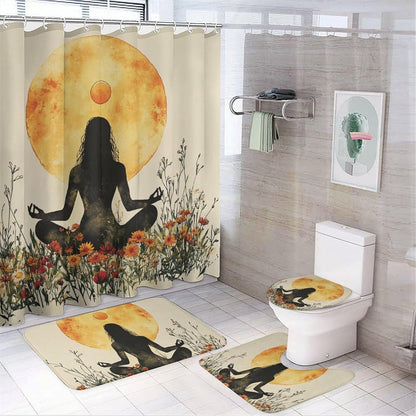 4Pcs Bohemian Yoga Fantasy Shower Curtain Sets, Bath Mat and Rugs, Floral Moon Rustic Art Deco Shower Curtain with Hooks for Bathroom