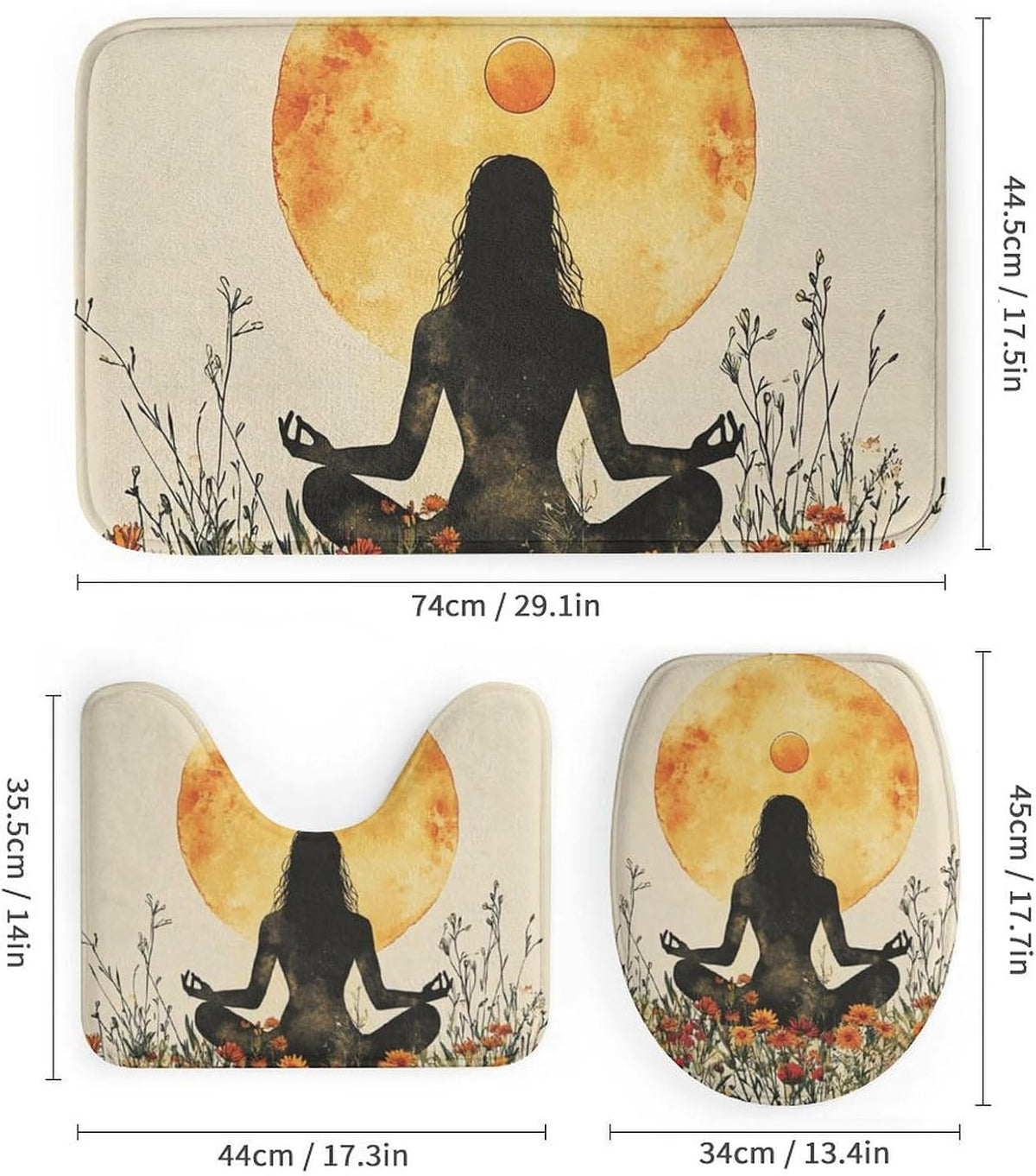 4Pcs Bohemian Yoga Fantasy Shower Curtain Sets, Bath Mat and Rugs, Floral Moon Rustic Art Deco Shower Curtain with Hooks for Bathroom