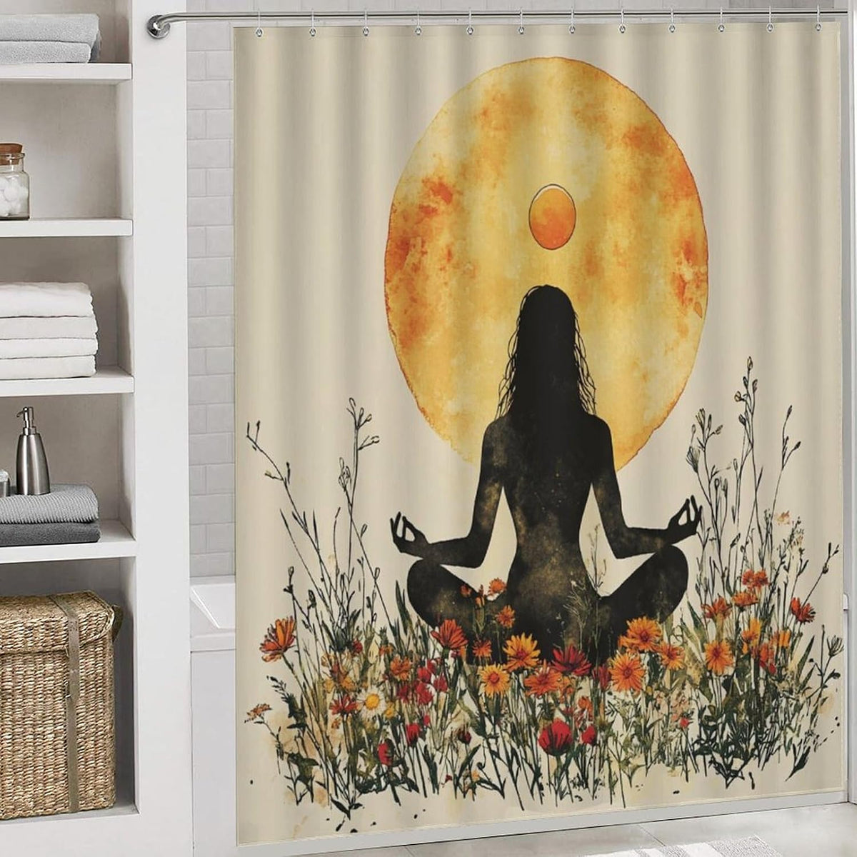 4Pcs Bohemian Yoga Fantasy Shower Curtain Sets, Bath Mat and Rugs, Floral Moon Rustic Art Deco Shower Curtain with Hooks for Bathroom