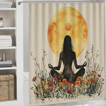 4Pcs Bohemian Yoga Fantasy Shower Curtain Sets, Bath Mat and Rugs, Floral Moon Rustic Art Deco Shower Curtain with Hooks for Bathroom