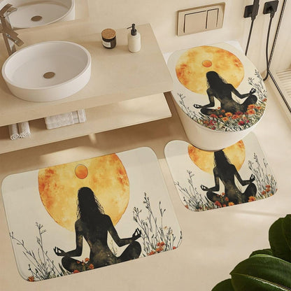4Pcs Bohemian Yoga Fantasy Shower Curtain Sets, Bath Mat and Rugs, Floral Moon Rustic Art Deco Shower Curtain with Hooks for Bathroom