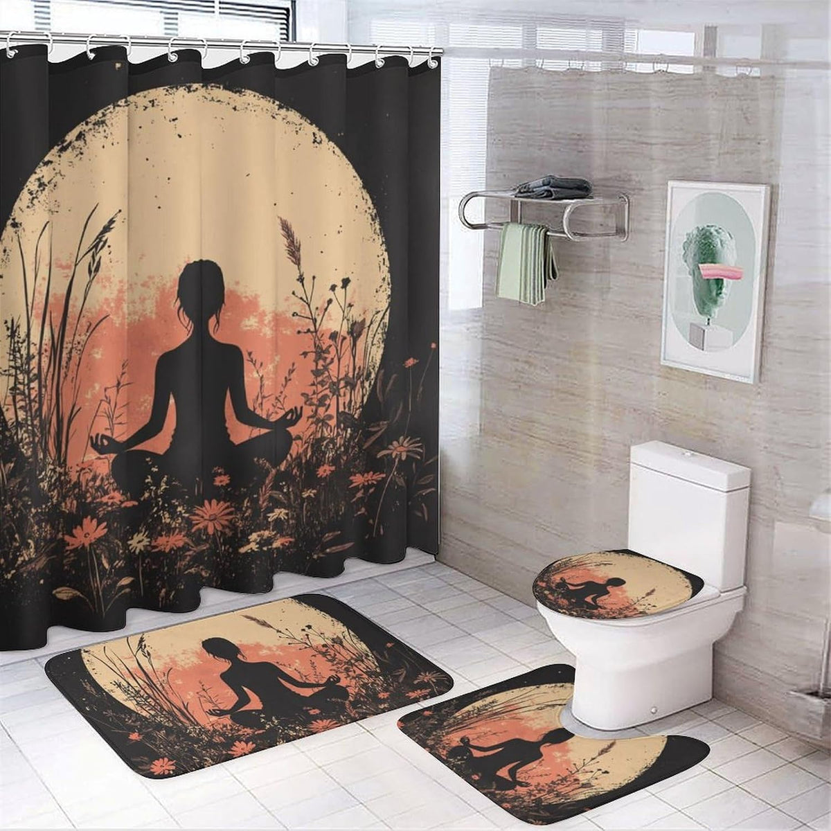 4Pcs Bohemian Yoga Fantasy Shower Curtain Sets, Bath Mat and Rugs, Floral Moon Rustic Art Deco Shower Curtain with Hooks for Bathroom