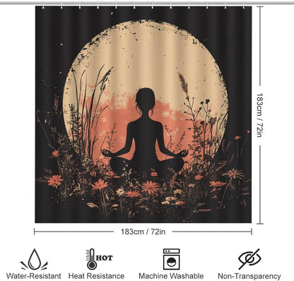 4Pcs Bohemian Yoga Fantasy Shower Curtain Sets, Bath Mat and Rugs, Floral Moon Rustic Art Deco Shower Curtain with Hooks for Bathroom