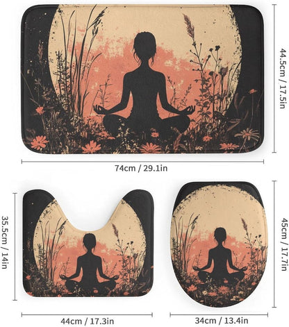 4Pcs Bohemian Yoga Fantasy Shower Curtain Sets, Bath Mat and Rugs, Floral Moon Rustic Art Deco Shower Curtain with Hooks for Bathroom