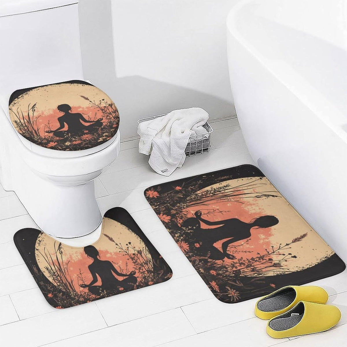 4Pcs Bohemian Yoga Fantasy Shower Curtain Sets, Bath Mat and Rugs, Floral Moon Rustic Art Deco Shower Curtain with Hooks for Bathroom