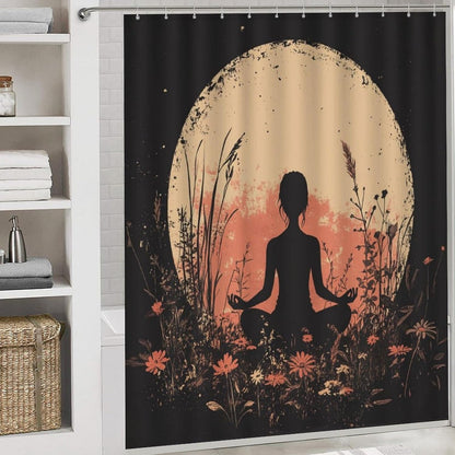 4Pcs Bohemian Yoga Fantasy Shower Curtain Sets, Bath Mat and Rugs, Floral Moon Rustic Art Deco Shower Curtain with Hooks for Bathroom