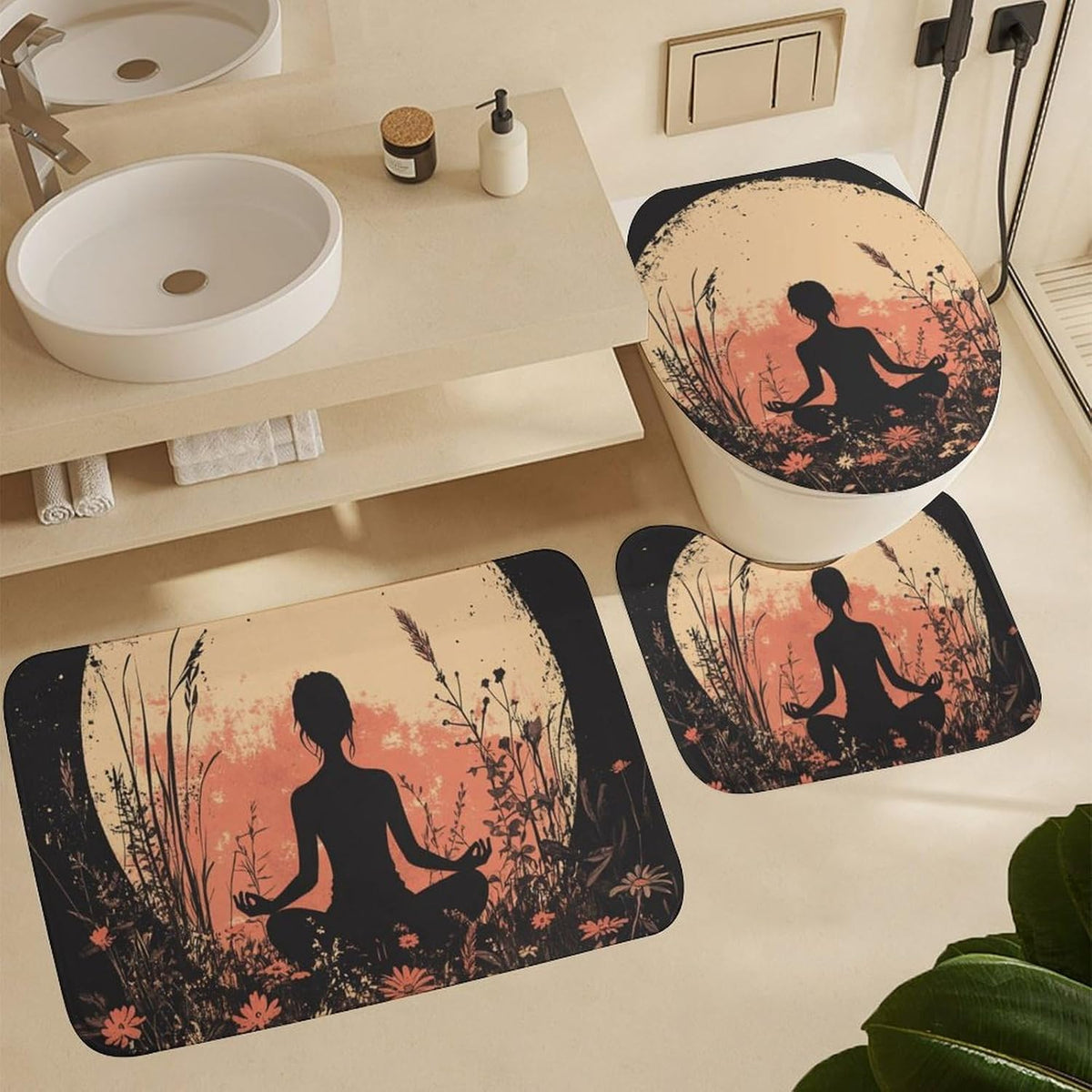 4Pcs Bohemian Yoga Fantasy Shower Curtain Sets, Bath Mat and Rugs, Floral Moon Rustic Art Deco Shower Curtain with Hooks for Bathroom